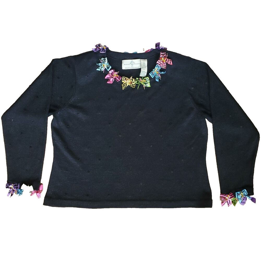 Vintage Design Options By Philip & Jane Gordon Sweater XL Black Pullover Bows